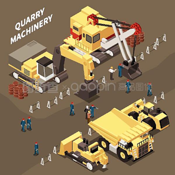 采礦機械設備和礦工三維等距矢量圖示在辦公用品中的應用